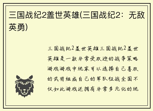 三国战纪2盖世英雄(三国战纪2：无敌英勇)